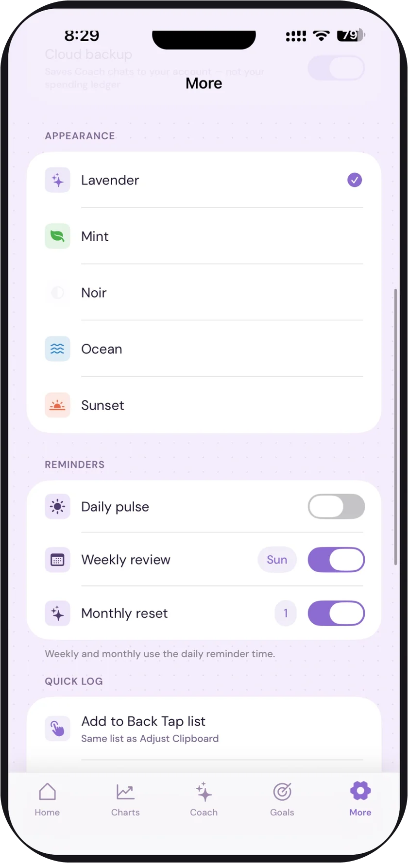 blyn’s More screen — five themes (Lavender, Mint, Noir, Ocean, Sunset), reminder toggles for daily pulse, weekly review, and monthly reset, and a Back Tap quick-log shortcut
