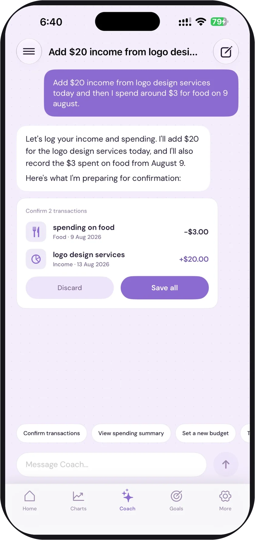 blyn’s Coach — a typed sentence about $20 of income and $3 on food turned into two draft transactions with Discard and Save all buttons