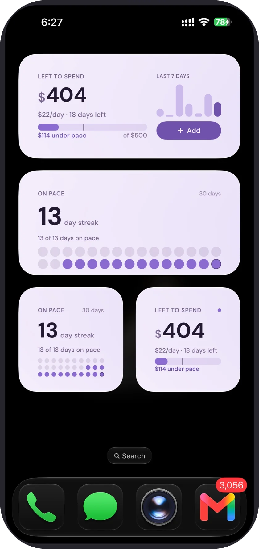 An iPhone home screen with blyn widgets — $404 left to spend at $22 a day with 18 days left, and a 13-day on-pace streak