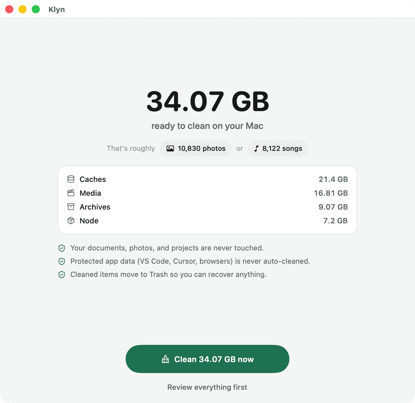 Klyn's clean summary — 34.07 GB ready to clean, broken down by caches, media, archives, and node